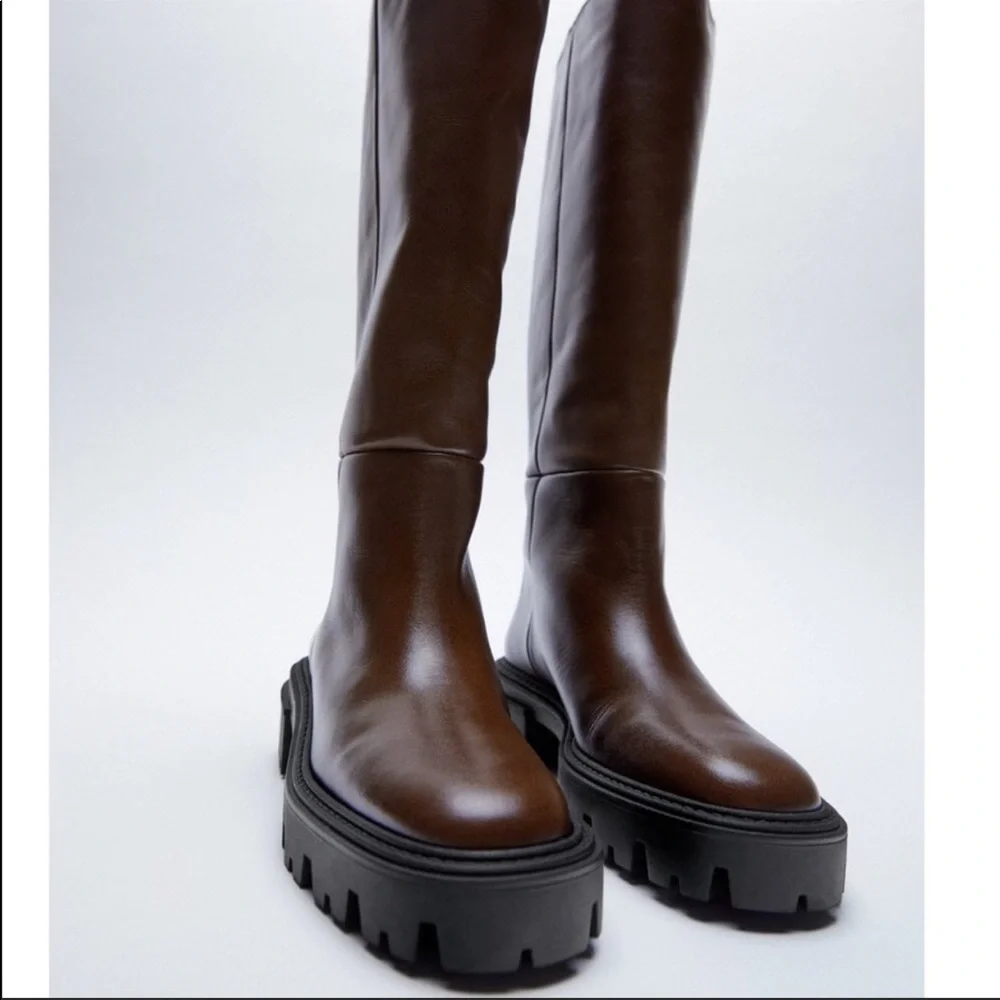 Zara Leather Brown Tall Boots 8 - Picture 6 of 16